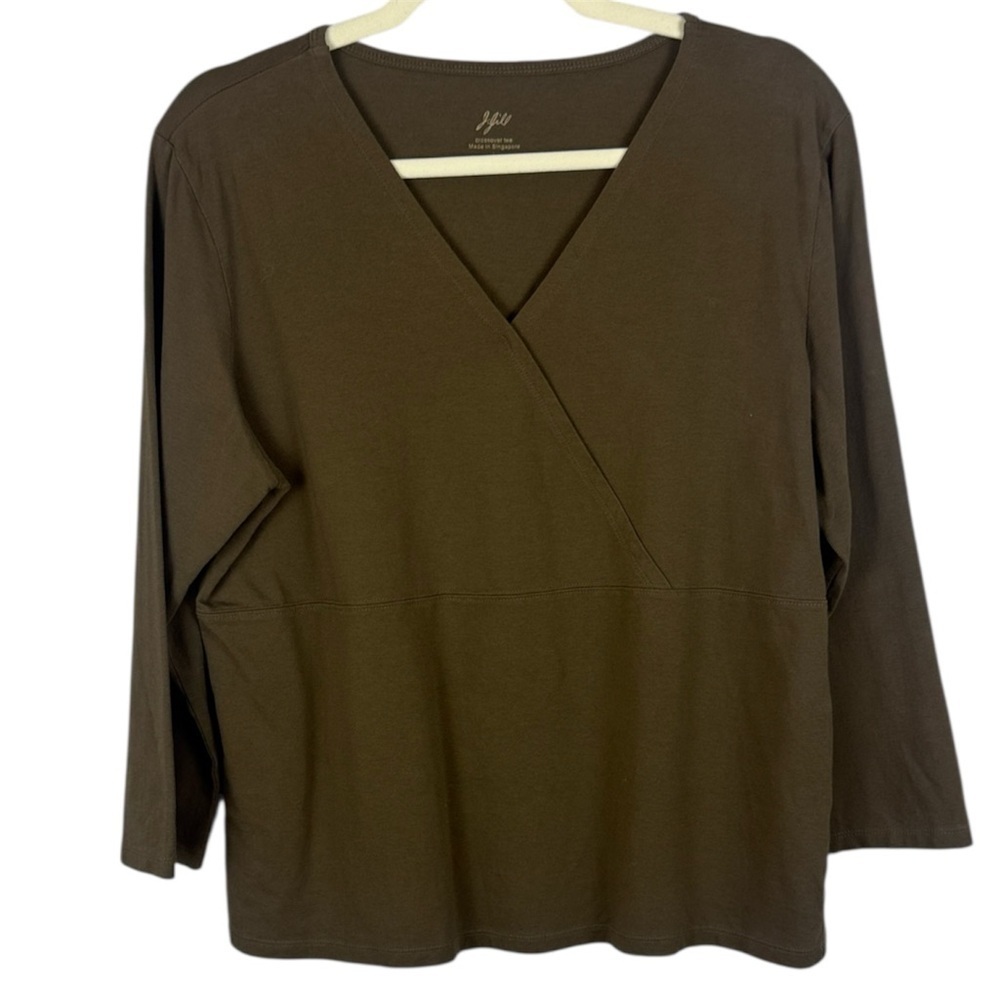 J. Jill Casual Minimalist Boxy Brown Cotton Blend V-Neck Crossover Large Tee